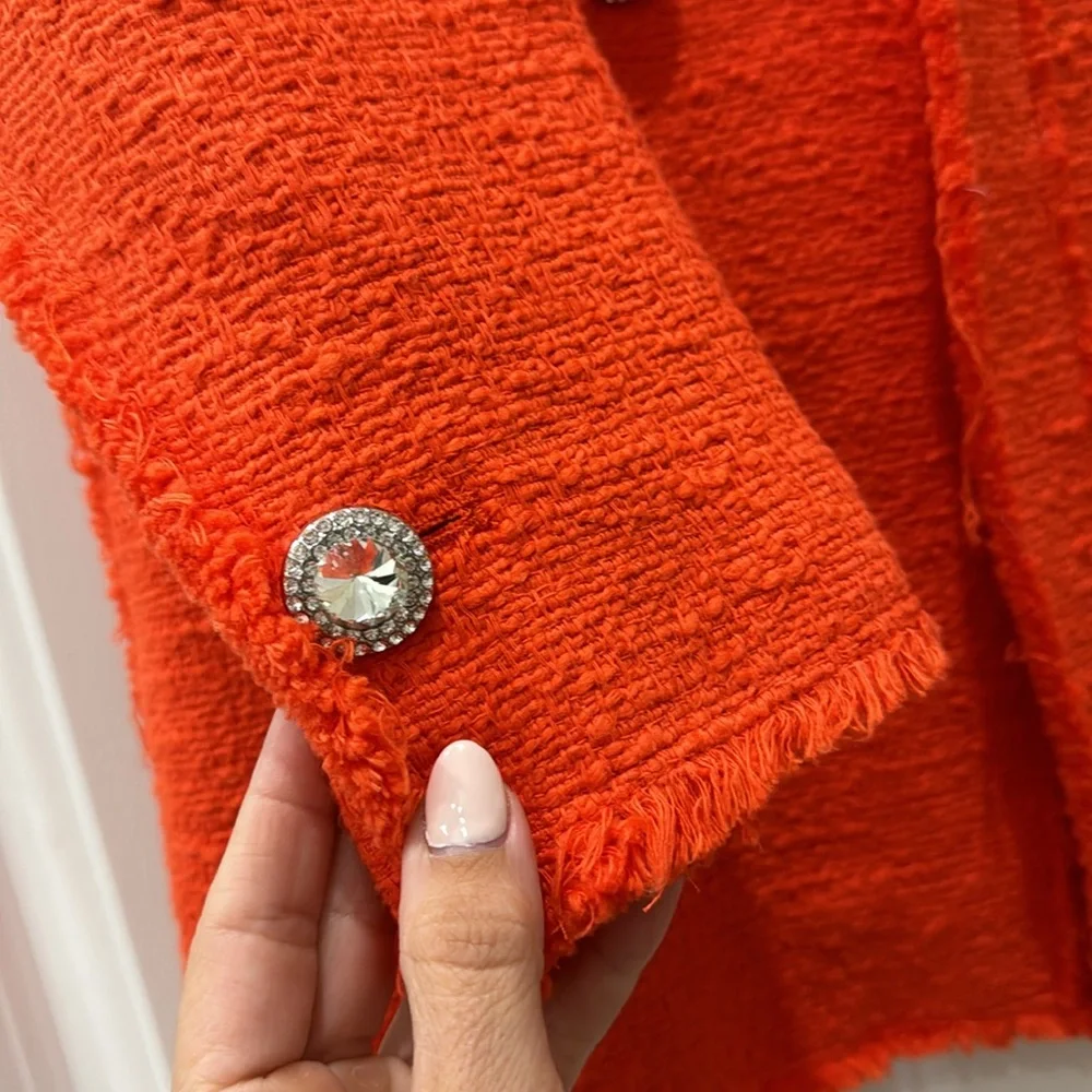Zara Bright Orange Red Tweed Diamond Button Blazer - Picture 15 of 15